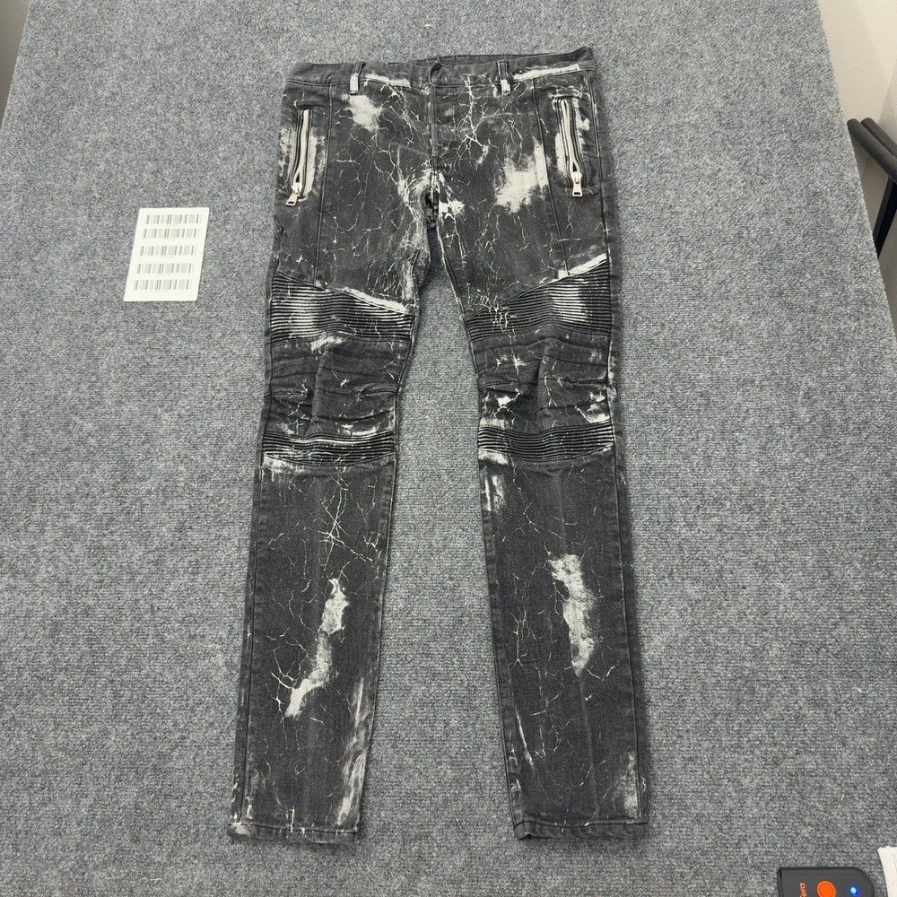 Balmain Biker Jeans Mens 33 Black Cotton Acid Wash Distressed Moto Slim Luxury